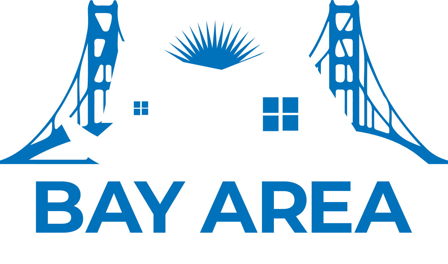 "Bay Area House Buyer logo featuring stylized homes, sun rays, and Golden Gate Bridge elements in blue."